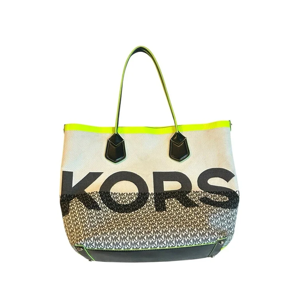 Michael Kors Large Canvas Tote Bag Neon Yellow Logo MK Monogram Shopper